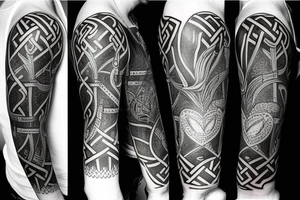 Full arm sleeve tattoo of multiple pictures combined together: Viking axe, viking ship, viking rune, compass, ace of hearts, half croatian flag and few life quotes. tattoo idea