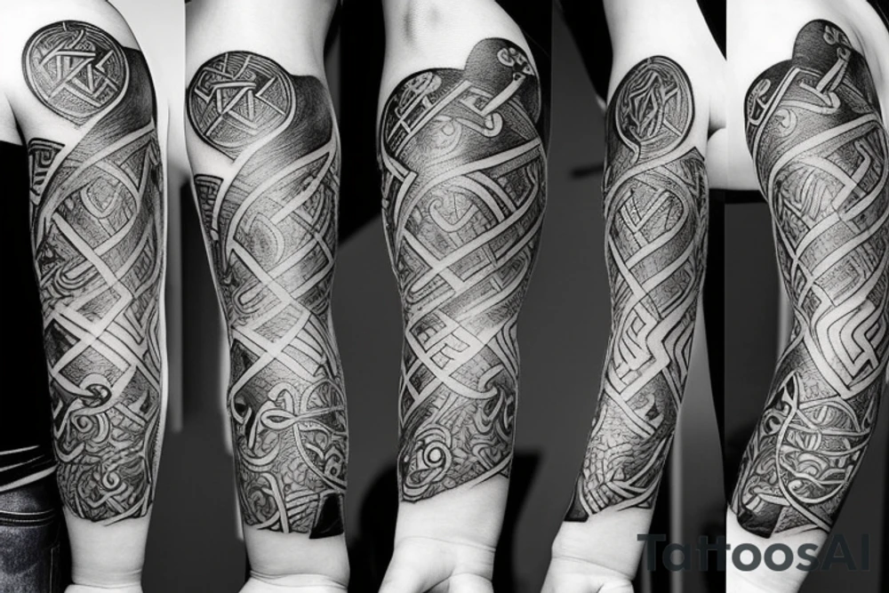 Full arm sleeve tattoo of multiple pictures combined. Combine this ideas: Viking axe, viking ship, viking rune, compass, ace of hearts, half croatian flag and few life quotes. tattoo idea