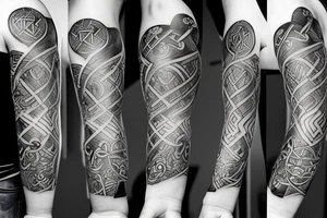 Full arm sleeve tattoo of multiple pictures combined. Combine this ideas: Viking axe, viking ship, viking rune, compass, ace of hearts, half croatian flag and few life quotes. tattoo idea