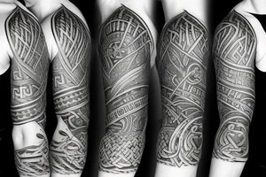 Full arm sleeve tattoo of multiple pictures combined. Combine this ideas: Viking axe, viking ship, viking rune, compass, ace of hearts, half croatian flag and few life quotes. tattoo idea