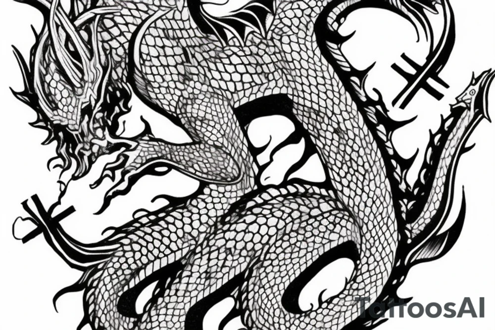 a dragon guarding a cross with jesus tattoo idea