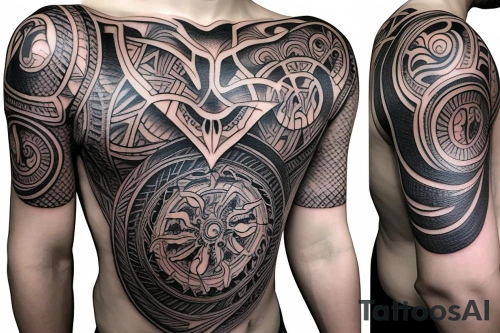 Cover up of a shoulder tribal tattoo in the style of art Nuevo tattoo idea