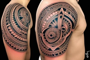 Cover up of a shoulder tribal tattoo in the style of art Nuevo tattoo idea