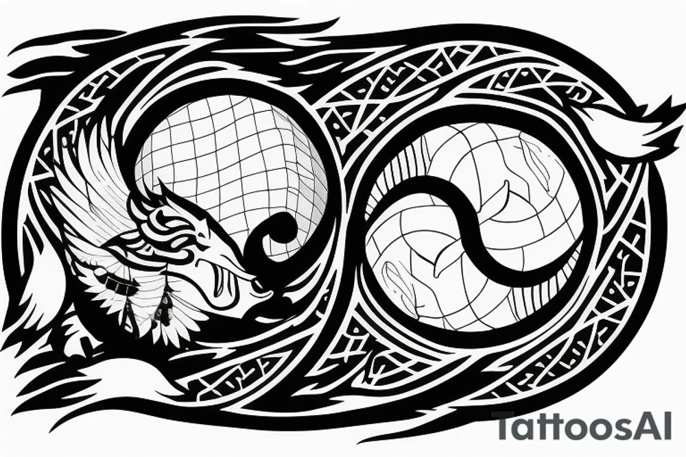 Yin and Yang symbol as a globe with eagle eating a kangaroo with a car and caravan driving out with lots of nature tattoo idea