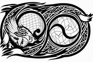Yin and Yang symbol as a globe with eagle eating a kangaroo with a car and caravan driving out with lots of nature tattoo idea