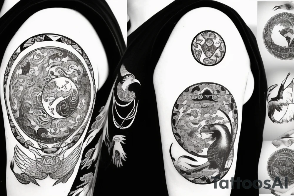 Yin and Yang symbol as a globe with eagle eating a kangaroo with a car and caravan driving out with lots of nature tattoo idea