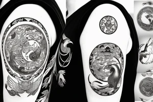 Yin and Yang symbol as a globe with eagle eating a kangaroo with a car and caravan driving out with lots of nature tattoo idea