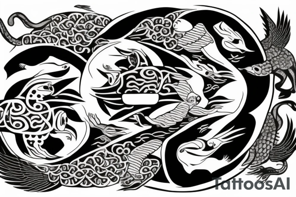Yin and Yang symbol as a globe with eagle eating a kangaroo with a car and caravan driving out with lots of nature tattoo idea