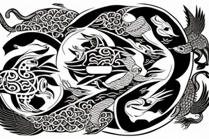 Yin and Yang symbol as a globe with eagle eating a kangaroo with a car and caravan driving out with lots of nature tattoo idea