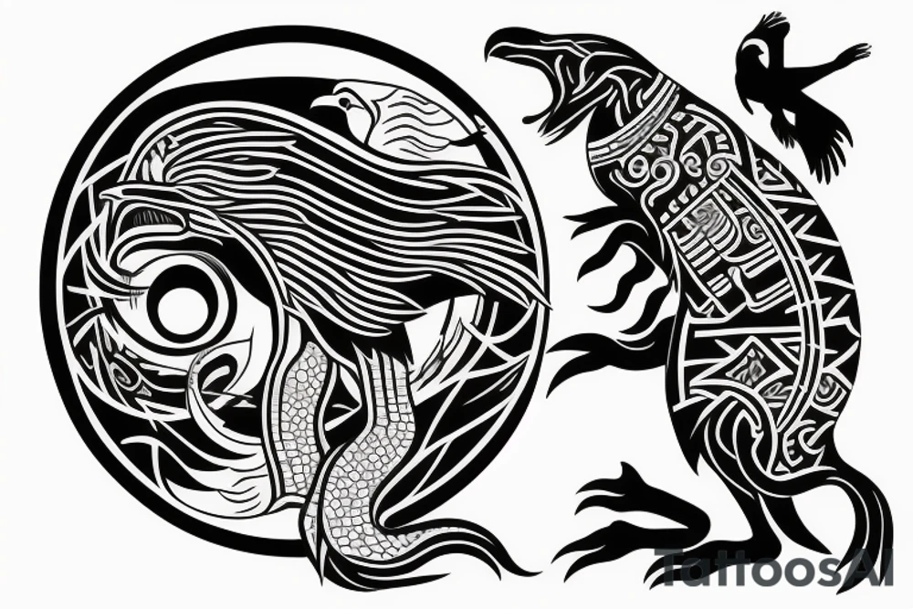 Yin and Yang symbol as a globe with eagle eating a kangaroo with a car and caravan driving out with lots of nature tattoo idea