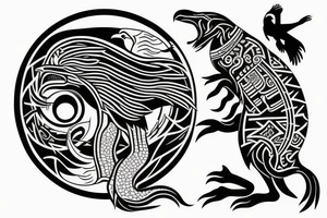 Yin and Yang symbol as a globe with eagle eating a kangaroo with a car and caravan driving out with lots of nature tattoo idea
