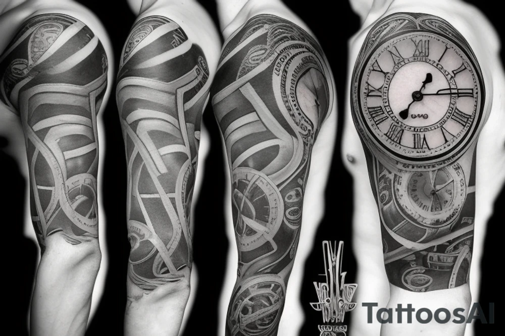 Half sleeve that includes Roman numerals Broken clock tattoo idea