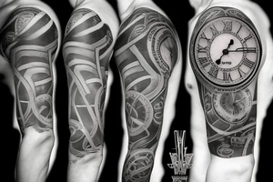 Half sleeve that includes Roman numerals Broken clock tattoo idea