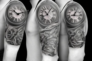 Half sleeve that includes Roman numerals Broken clock tattoo idea