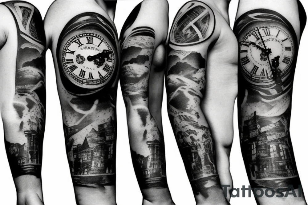 Half sleeve that includes Roman numerals shattered clock on a mountain tattoo idea