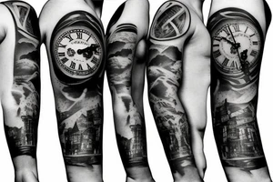 Half sleeve that includes Roman numerals shattered clock on a mountain tattoo idea