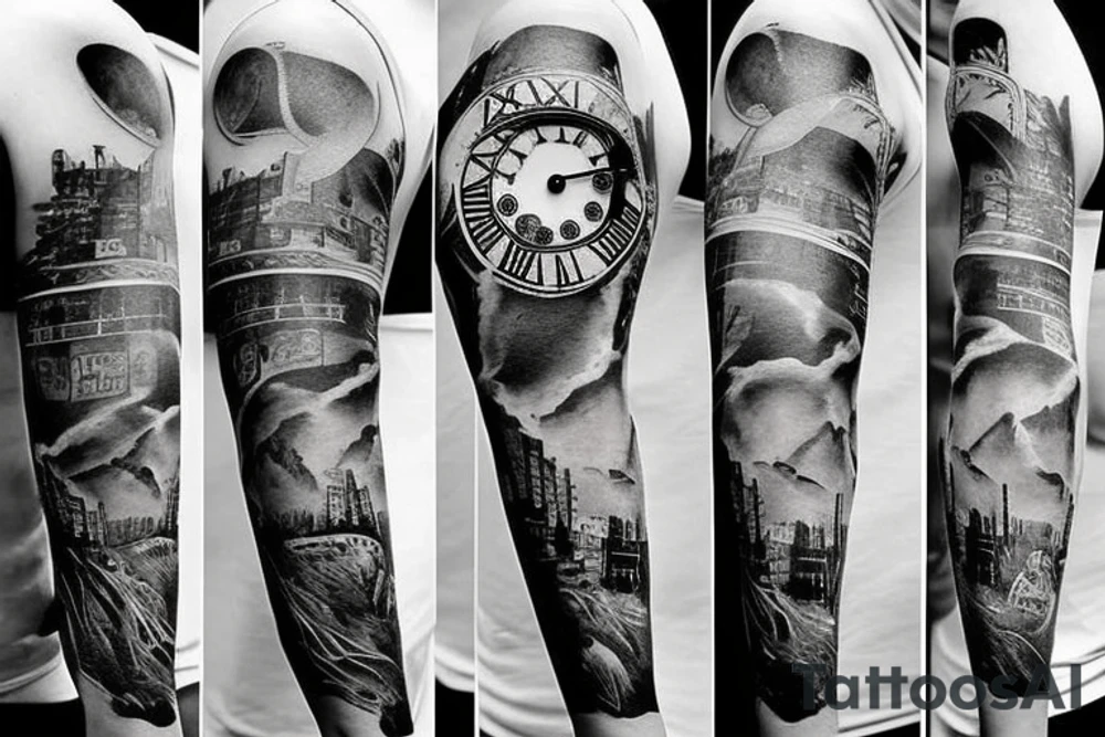 Half sleeve that includes Roman numerals shattered clock on a mountain tattoo idea Half sleeve that includes Roman numerals shattered clock on a mountain tattoo idea