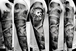 Half sleeve that includes Roman numerals shattered clock on a mountain tattoo idea