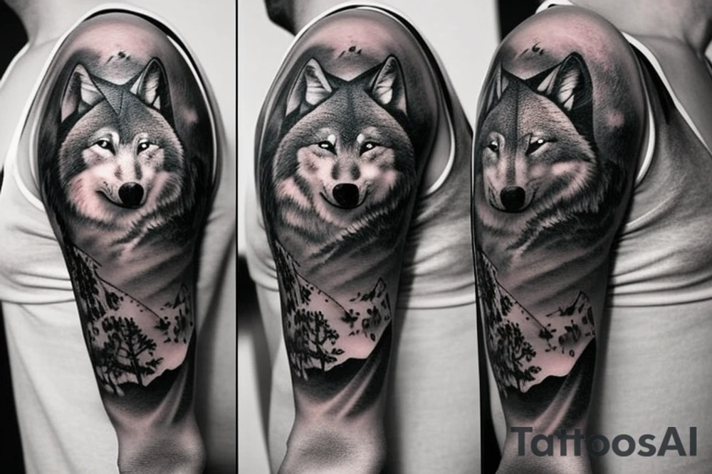 Half sleeve that has wolf walking away from wolf howling at moon, with broken clock in the sky tattoo idea