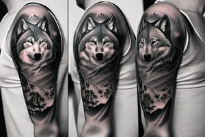 Half sleeve that has wolf walking away from wolf howling at moon, with broken clock in the sky tattoo idea