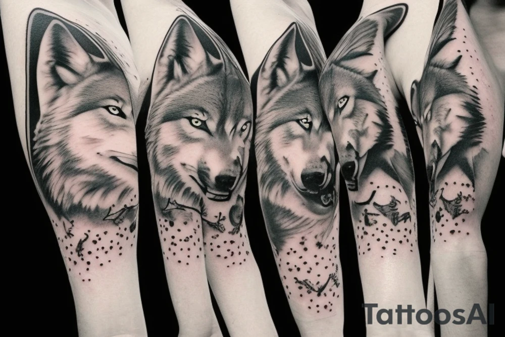 Half sleeve that has wolf walking away from wolf howling at moon, with broken clock in the sky tattoo idea