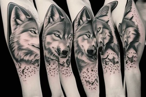 Half sleeve that has wolf walking away from wolf howling at moon, with broken clock in the sky tattoo idea