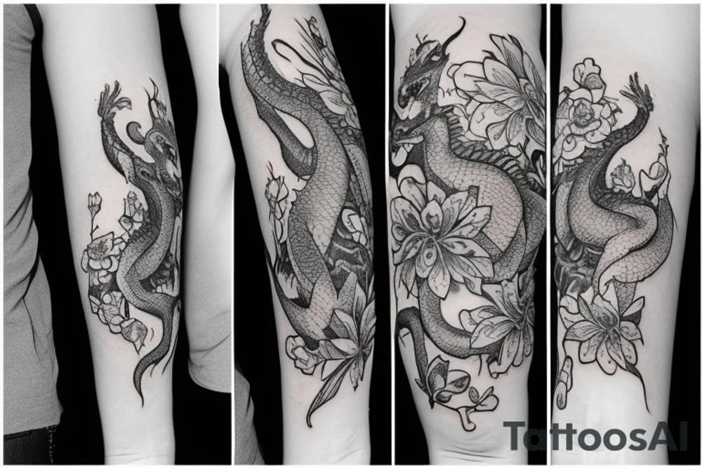 Dragon with flowers tattoo idea