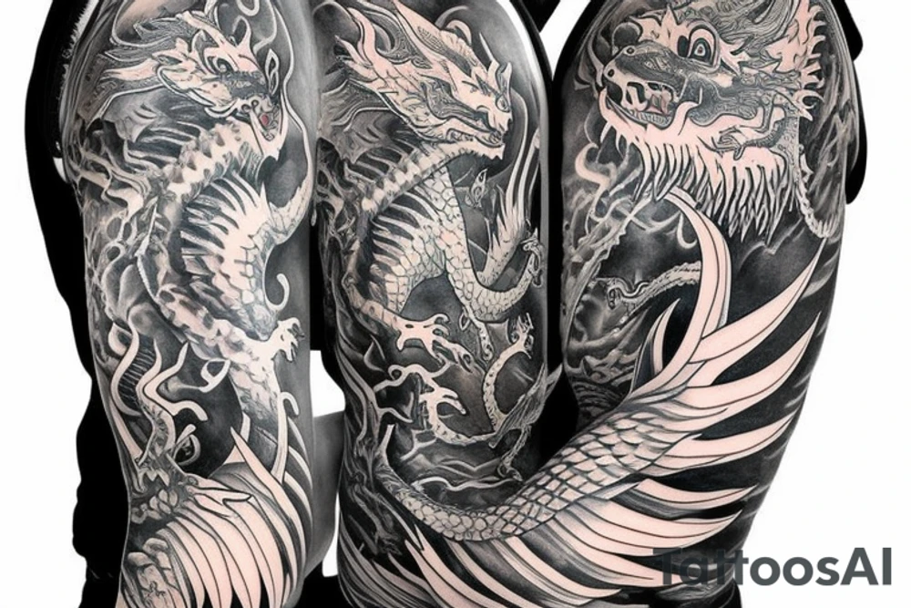 Dragon sleeve from elbow over the shoulder onto chest tattoo idea