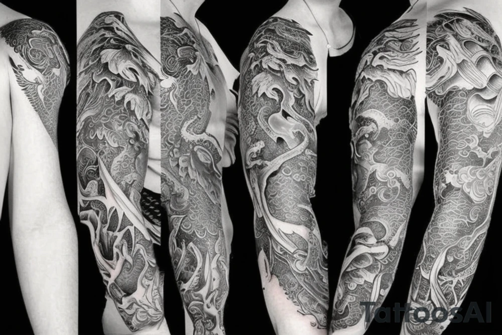 Dragon sleeve from elbow over the shoulder onto chest tattoo idea