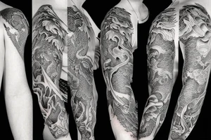 Dragon sleeve from elbow over the shoulder onto chest tattoo idea