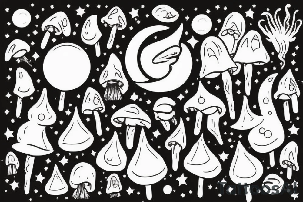 Candles with a moon, crystals and toadstools tattoo idea Candles with a moon, crystals and toadstools tattoo idea