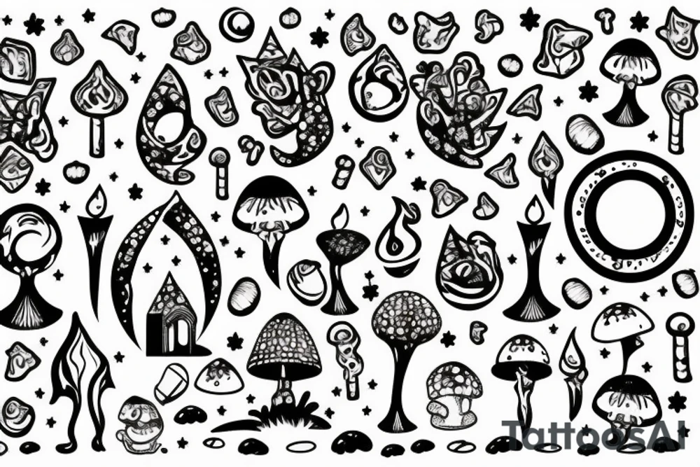 Candles with a moon, crystals and toadstools tattoo idea Candles with a moon, crystals and toadstools tattoo idea