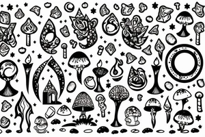 Candles with a moon, crystals and toadstools tattoo idea