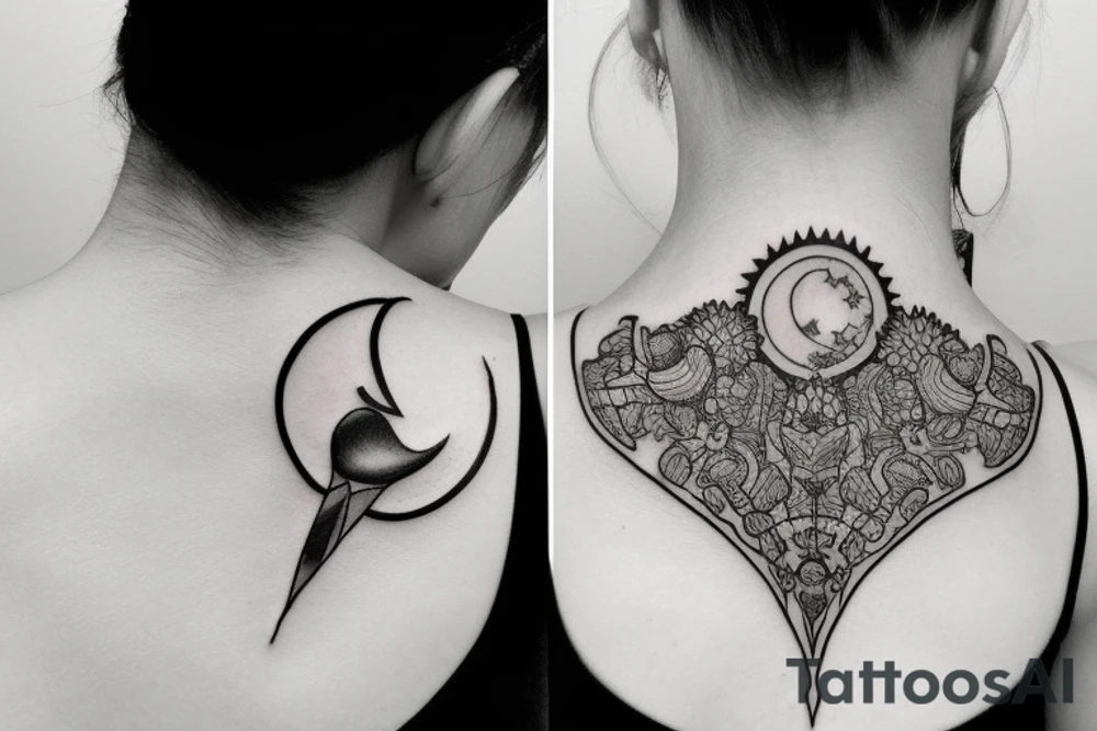 Throat tattoo with Candles, a moon, crystals and toadstools tattoo idea