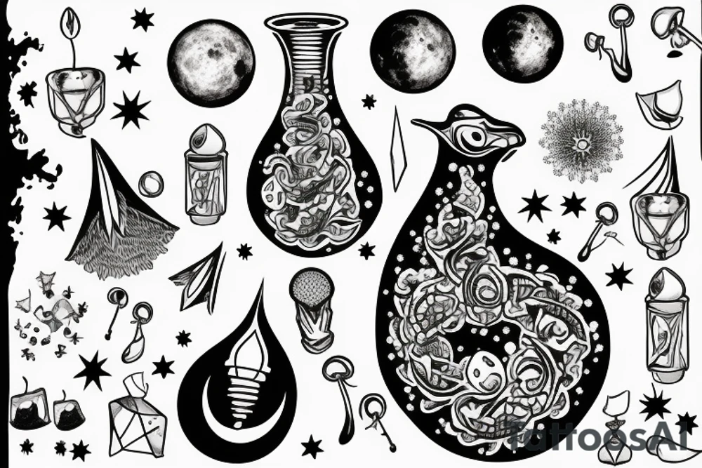 Throat tattoo with Candles, a moon, crystals and toadstools tattoo idea
