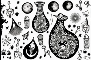 Throat tattoo with Candles, a moon, crystals and toadstools tattoo idea