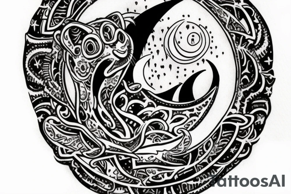 Throat tattoo with a crescent moon, toadstool and a witches cat tattoo idea