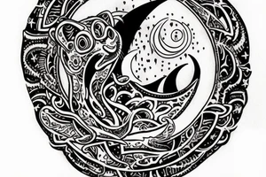 Throat tattoo with a crescent moon, toadstool and a witches cat tattoo idea