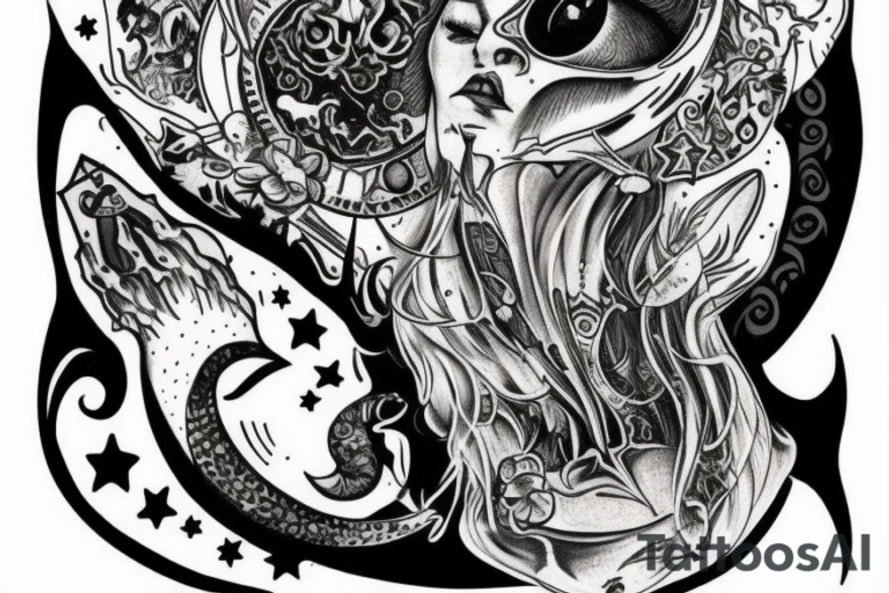 Throat tattoo with a crescent moon, toadstool and a witches cat tattoo idea