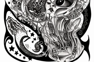 Throat tattoo with a crescent moon, toadstool and a witches cat tattoo idea