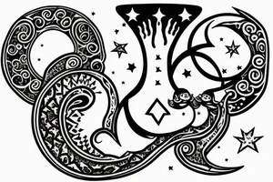 Throat tattoo with a crescent moon, toadstool and a witches cat tattoo idea