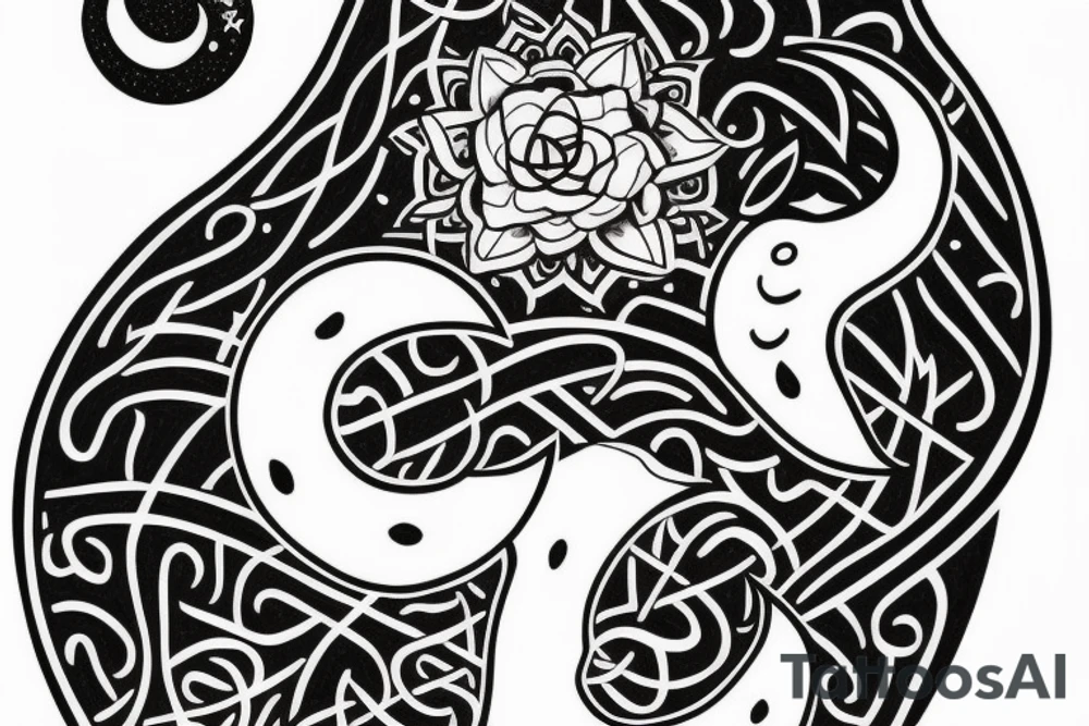 Throat tattoo with a crescent moon, toadstool and a witches cat tattoo idea