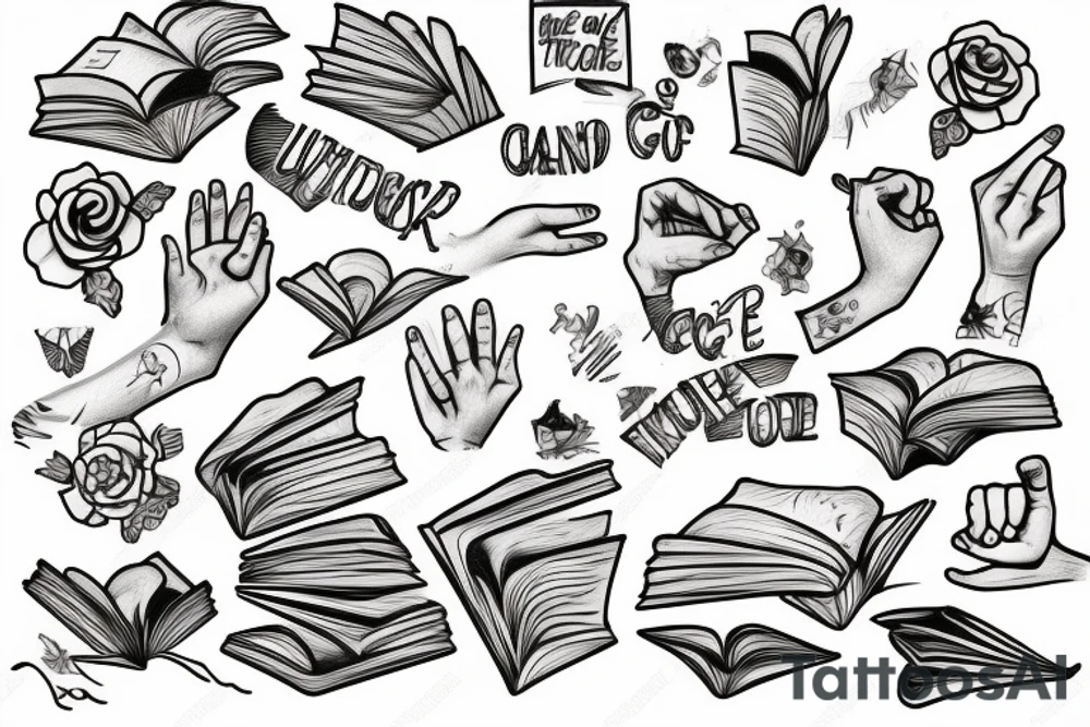 hand with a finger in a book tattoo idea