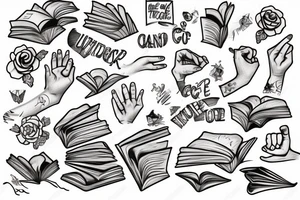 hand with a finger in a book tattoo idea
