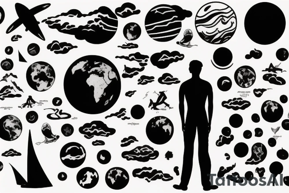 silhouette of a man with the planet earth in the background, inspiring smallness and majesty tattoo idea