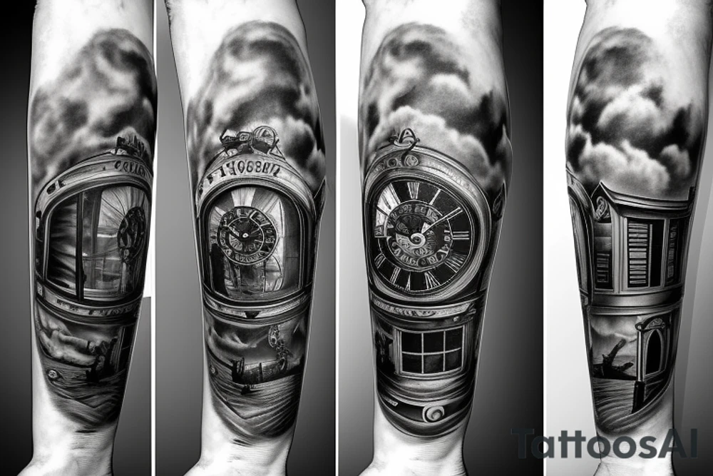 Grandfather clock surrounded by storm tattoo idea
