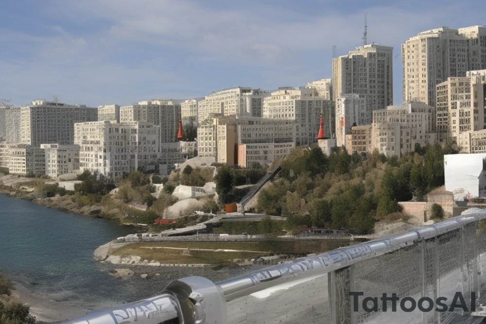 5 многоэтажек, разной высоты стоят на горе черепов, из которых течет кровь, tattoo idea