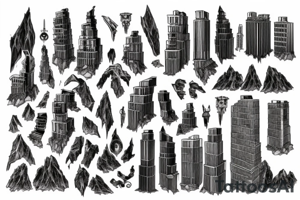 5 high-rise buildings, of different heights, stand on a mountain of skulls, from which blood flows, tattoo idea