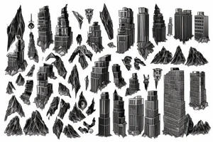 5 high-rise buildings, of different heights, stand on a mountain of skulls, from which blood flows, tattoo idea