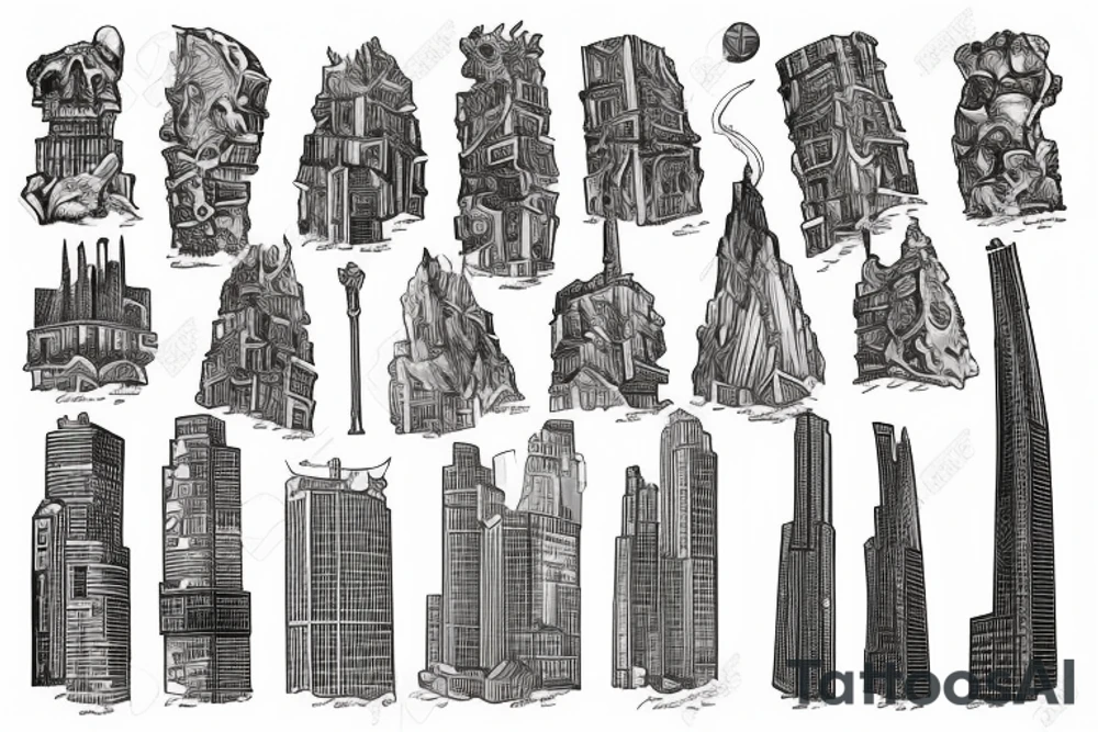 5 high-rise buildings, of different heights, stand on a mountain of skulls, from which blood flows, tattoo idea